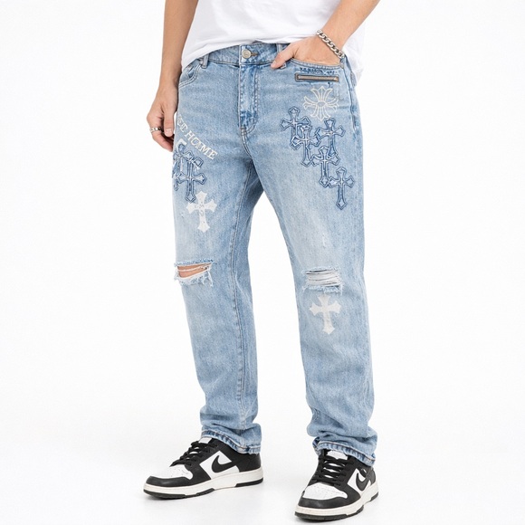 CDH Homme Other - CDH Homme Gothic Cross Embroidery Distressed Blue Denim Jeans Y2K Streetwear s34